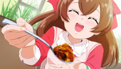 Rule 34 | 1girl, brown hair, curry, delicious party precure, closed eyes, feeding, food, fuchi (nightmare), holding, holding spoon, incoming food, indoors, long hair, long sleeves, nagomi yui, open mouth, pink shirt, pov across table, precure, shirt, smile, solo, spoon, upper body
