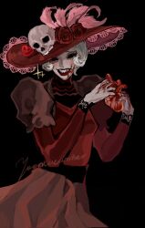 Rule 34 | 1girl, black sclera, blood, blood from mouth, blood on clothes, blood on hands, colored sclera, dress, grin, hazbin hotel, heart (organ), highres, looking at viewer, red dress, red headwear, rosie (hazbin hotel), sharp teeth, smile, solo, teeth, white hair, yooncucumber