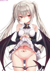 Rule 34 | 1girl, absurdres, bandaid, bandaid on pussy, bare shoulders, black panties, black wings, breasts, clothes lift, cowboy shot, demon girl, demon tail, demon wings, detached sleeves, gluteal fold, grey hair, highres, lifted by self, long hair, looking at viewer, medium breasts, navel, original, panties, panty pull, pointy ears, pubic tattoo, red eyes, simple background, skirt, skirt lift, solo, stomach tattoo, tail, tattoo, toshizou (0714), twintails, underwear, white background, wings