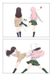 2girls absurdres anglediana bang_dream! bang_dream!_it&#039;s_mygo!!!!! black_footwear black_socks brown_dress brown_footwear brown_hair chihaya_anon chinese_commentary chisato_and_takina_kicking_each_other&#039;s_butt_(meme) commentary_request dodging dress from_behind green_skirt green_socks grey_jacket hanasakigawa_school_uniform haneoka_school_uniform heart highres jacket kicking kneehighs long_hair long_sleeves lycoris_recoil meme multiple_girls pink_hair plaid_clothes plaid_skirt pleated_dress revision sailor_dress school_uniform shiina_taki skirt socks