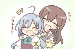Rule 34 | 10s, 2girls, ahoge, akagi (kancolle), bow, bowl, bowtie, brown hair, chopsticks, commentary, food, food on face, grey hair, jako (jakoo21), japanese clothes, kantai collection, kiyoshimo (kancolle), long hair, multiple girls, muneate, open mouth, rice, rice bowl, rice on face, school uniform, serafuku, smile, translated