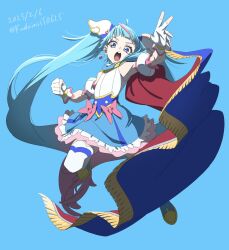 Rule 34 | 1girl, ahoge, blue background, blue eyes, blue hair, blue skirt, bow, brooch, cape, cure sky, detached sleeves, fingerless gloves, gloves, highres, hirogaru sky! precure, jewelry, kadainist, long hair, magical girl, open mouth, pink bow, precure, puffy detached sleeves, puffy sleeves, single sidelock, skirt, smile, solo, sora harewataru, twintails, two-sided cape, two-sided fabric, very long hair, white gloves, wing brooch, wing hair ornament