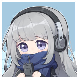 Rule 34 | 1girl, :o, absurdres, ai chi guobaoyou, bkornblume, black dress, blue background, blue eyes, blue scarf, chibi, dress, grey hair, hands up, headphones, highres, holding, holding walkie-talkie, long hair, looking at viewer, reverse:1999, scarf, solo, upper body, walkie-talkie