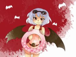 Rule 34 | 1girl, bat (animal), casual one-piece swimsuit, female focus, goggles, goggles on head, hammer (sunset beach), innertube, looking at viewer, one-piece swimsuit, red eyes, remilia scarlet, short hair, smile, solo, swim ring, swimsuit, touhou, wings