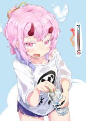 Rule 34 | 1girl, blue background, blush, bottle, broken horn, commentary request, cowboy shot, holding, holding bottle, horns, indie virtual youtuber, kanehira ame, looking at viewer, multicolored hair, open mouth, pink eyes, pink hair, purple hair, shirt, solo, thermometer, totomono, two-tone background, two-tone hair, virtual youtuber, water bottle, white background, white shirt
