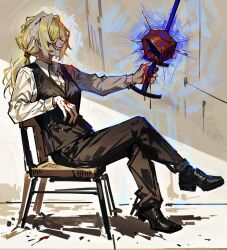Rule 34 | 1girl, absurdres, atris2nd, black footwear, black pants, black vest, blonde hair, blood, blood on hands, chair, collared shirt, commentary, english commentary, highres, holding, holding nail, holding weapon, indoors, kromer (project moon), limbus company, long sleeves, low ponytail, medium hair, multicolored hair, nail, oversized object, pants, project moon, shirt, shoes, sidelocks, sitting, smile, solo, teeth, two-tone hair, vest, weapon, white hair, white shirt, wing collar