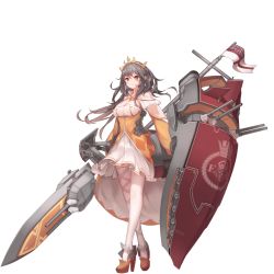 Rule 34 | 1girl, asymmetrical legwear, breasts, cannon, capelet, cleavage, cleavage cutout, closed mouth, clothing cutout, crc505, crossed legs, crown, dress, earrings, emblem, flag, frills, frown, full body, gem, grey hair, hair between eyes, high heels, holding, holding shield, holding weapon, jewelry, leg ribbon, long hair, long sleeves, looking at viewer, machinery, mecha musume, messy hair, mismatched legwear, official art, pleated dress, polearm, queen elizabeth (warship girls r), red eyes, red footwear, ribbon, shield, shoes, skirt, smokestack, solo, standing, thighhighs, tiara, transparent background, turret, union jack, warship girls r, wave505, weapon, white ensign, white skirt, white thighhighs, yellow dress