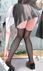 Rule 34 | 2girls, adjusting footwear, alternate costume, artist name, bent over, black skirt, black thighhighs, blurry, blurry foreground, commentary request, firefly (honkai: star rail), from behind, grey hair, hair ornament, highres, honkai: star rail, honkai (series), kabu usagi, kneepits, knees together feet apart, loafers, long hair, multiple girls, paid reward available, pleated skirt, shirt, shoes, short sleeves, signature, skirt, solo focus, standing, stelle (honkai: star rail), sweat, thighhighs, thighs, trailblazer (honkai: star rail), translation request, white shirt, zettai ryouiki