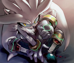Rule 34 | 1boy, bad id, bad pixiv id, blood, furry, furry male, gloves, gradient background, male focus, mri, shoes, silver the hedgehog, sitting, snout, solo, sonic (series), yellow eyes