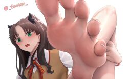 Rule 34 | 1girl, absurdres, barefoot, blush, fate/stay night, fate (series), feet, foot focus, footer@unyaaan, green eyes, highres, long hair, looking at viewer, open mouth, school uniform, shy, soles, toes, tohsaka rin, twintails