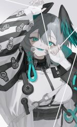 Rule 34 | 1girl, aqua eyes, aqua tongue, arknights, breasts, dress, fangs, fingerless gloves, frost fog, gloves, grey background, grey hair, hair between eyes, hands up, head wings, highres, ho&#039;olheyak (arknights), holding, holding string, large breasts, long sleeves, looking at viewer, open mouth, short hair, simple background, smile, solo, string, upper body, white dress, white gloves, wings