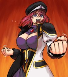 Rule 34 | 00s, 1girl, blue eyes, breasts, cleavage, cleavage cutout, clenched hand, clothing cutout, forte stollen, galaxy angel, large breasts, no bra, red hair, solo, tears