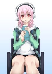 Rule 34 | 1girl, blush, chair, deni m, drinking, female focus, gradient background, headphones, highres, looking at viewer, nitroplus, pink hair, red eyes, short hair, sitting, solo, super sonico, white background