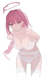 Rule 34 | 1girl, :o, arms behind back, blood, blood halo, blush, bra, breasts, chainsaw man, cleavage, collarbone, garter belt, halo, highres, large breasts, leaning forward, liquid halo, looking at viewer, makima (chainsaw man), navel, panties, red eyes, red hair, red halo, simple background, solo, thighhighs, underwear, underwear only, white background, white bra, white garter belt, white panties, white thighhighs, yumiki