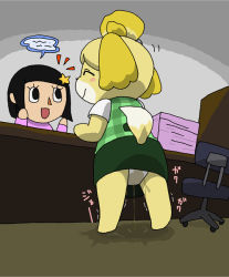 Rule 34 | 2girls, animal crossing, animal ears, black hair, blonde hair, blush, blush stickers, chair, desk, dog ears, dog tail, enohito, closed eyes, female focus, from behind, full body, furry, furry female, green skirt, green vest, hair ornament, hand up, hands up, indoors, isabelle (animal crossing), long sleeves, multiple girls, nintendo, panties, pantyshot, peeing, peeing self, pencil skirt, puddle, purple shirt, shirt, short hair, short sleeves, skirt, smile, speech bubble, standing, star (symbol), tail, talking, text focus, translation request, trembling, underwear, upskirt, vest, villager (animal crossing), wet, wet clothes, wet panties, white panties, white shirt