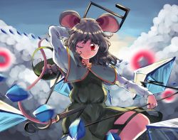 Rule 34 | 1girl, animal ears, arm behind head, arms up, basket, blue capelet, blue sky, capelet, cloud, danmaku, day, dowsing rod, dress, grey dress, grey hair, highres, holding rod, leg lift, long sleeves, looking at viewer, mouse (animal), mouse ears, mouse tail, nazrin, one eye closed, outdoors, red eyes, shirt, short hair, sky, smile, solo, sunnysideup, tail, touhou, undefined fantastic object, white shirt