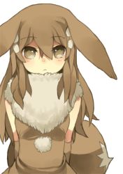 Rule 34 | 1girl, :&lt;, animal ears, arms behind back, blush, breasts, brown dress, brown eyes, brown hair, brown sleeves, brown theme, closed mouth, creatures (company), detached sleeves, dress, ears down, eevee, expressionless, female focus, fox ears, fox girl, fox tail, fur collar, game freak, gen 1 pokemon, hair between eyes, hair ornament, hairclip, light blush, long hair, looking at viewer, matching hair/eyes, nintendo, personification, pokemon, pom pom (clothes), puddingx2, sidelocks, simple background, sleeveless, sleeveless dress, small breasts, solo, standing, straight-on, tail, upper body, white background