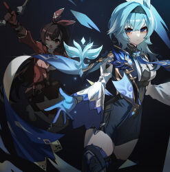 Rule 34 | 2girls, amber (genshin impact), black hairband, black thighhighs, blue gloves, blue hair, blue leotard, blue necktie, boots, bow, bow (weapon), bow hairband, breasts, brooch, brown hair, brown shorts, cape, closed mouth, dark background, eula (genshin impact), genshin impact, gloves, hairband, highres, jacket, jewelry, leotard, long sleeves, looking at viewer, medium breasts, medium hair, multiple girls, necktie, pouch, red bow, red jacket, shirt, shorts, thigh boots, thighhighs, tipang (gurimulguryo), vision (genshin impact), weapon, white footwear, white shirt, yellow eyes