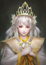 Rule 34 | 1girl, artist name, crown, dlx (kssksskssk), flower, hair flower, hair ornament, japanese clothes, kikka (toukiden), own hands together, red eyes, signature, silver hair, solo, toukiden, upper body