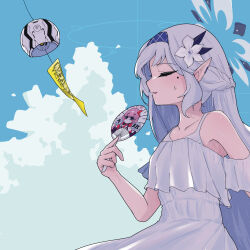 Rule 34 | 1girl, bare arms, bare shoulders, blue archive, blue sky, blush, breasts, chesed (blue archive), closed eyes, cloud, collarbone, commentary request, day, dress, eimi (blue archive), flower, hair flower, hair ornament, hand fan, highres, himari (blue archive), holding, holding fan, kanaeco25, long hair, off-shoulder dress, off shoulder, paper fan, pointy ears, sky, small breasts, solo, summer, sundress, sweatdrop, white dress, white flower, white hair, wind chime