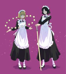 Rule 34 | 2girls, alternate costume, apron, arm up, black dress, black footwear, black hair, blonde hair, blue eyes, blunt bangs, bob cut, breasts, collared dress, cube, dress, enmaided, floating, floating object, frilled apron, frills, full body, hands on hilt, high heels, highres, holding, kumagai yuuko, long sleeves, looking at viewer, maid, maid apron, maid headdress, multiple girls, nasu rei, neck ribbon, outstretched arms, pantyhose, parted bangs, planted, planted sword, planted weapon, purple background, purple ribbon, ribbon, seto taichi, short hair, simple background, smile, standing, sword, v arms, weapon, white apron, white legwear, world trigger