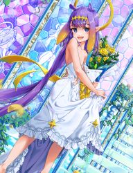 Rule 34 | 1girl, bare shoulders, barefoot, blue eyes, bouquet, dress, fang, flower, full body, halo, holding, holding bouquet, hololive, hololive english, looking at viewer, meow natsuyuki, ninomae ina&#039;nis, purple hair, smile, solo, stained glass, virtual youtuber, white dress, yellow flower