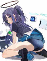 Rule 34 | 1girl, blue archive, blue buruma, blue eyes, blush, bottle, buruma, commentary request, from behind, gym shirt, halo, highres, holding, holding bottle, long hair, looking at viewer, miyakawa106, official alternate costume, plastic bottle, ponytail, shirt, simple background, solo, sweat, thighs, water bottle, white background, yuuka (blue archive), yuuka (track) (blue archive)