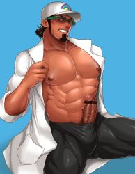 Rule 34 | 1boy, abs, bad id, bad pixiv id, bara, bare pectorals, blue background, body hair, bulge, creatures (company), crotch, dark-skinned male, dark skin, erection, erection under clothes, facial hair, game freak, glasses, hat, highres, kukui (pokemon), large pectorals, male focus, manly, muscular, nintendo, nipples, pectorals, penis, pokemon, pokemon sm, sideburns, sitting, smile, solo, teeth, thighs, undressing, yuatari
