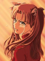 Rule 34 | 00s, 1girl, amano takumi, crying, crying with eyes open, fate/stay night, fate (series), female focus, long hair, looking at viewer, looking back, ribbon, solo, tears, tohsaka rin, turtleneck, upper body
