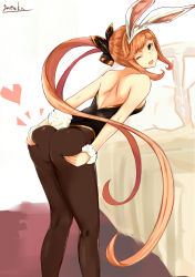 Rule 34 | 10s, 1girl, ;d, absurdres, animal ears, ass, ass grab, bad id, bad pixiv id, bare shoulders, black pantyhose, blush, clarisse (granblue fantasy), deep skin, fake animal ears, grabbing own ass, granblue fantasy, green eyes, hair ribbon, heart, highres, leotard, long hair, looking at viewer, looking back, one eye closed, open mouth, orange hair, pantyhose, playboy bunny, ponytail, rabbit ears, rabbit tail, ribbon, smile, solo, tail, very long hair, wrist cuffs, yatsuka (846)