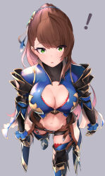 Rule 34 | !, 1girl, absurdres, armor, beatrix (granblue fantasy), blush, breasts, brown hair, buckle, cleavage, cleavage cutout, clothing cutout, collared shirt, frills, from above, gloves, granblue fantasy, green eyes, hair ornament, hair ribbon, highres, hinataa, large breasts, looking at viewer, navel, open mouth, ponytail, ribbon, shirt, shoulder armor, simple background, solo, thighhighs