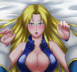 Rule 34 | 1girl, blonde hair, blush, breasts, from above, green eyes, hyoukai, large breasts, long hair, looking at viewer, lying, metroid, on back, pov, restrained, samus aran, solo focus