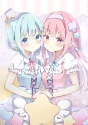 Rule 34 | 2girls, bead bracelet, beads, blue hair, blush, bow, bracelet, closed mouth, dress, earrings, frills, hair bow, hair ornament, hairband, hat, highres, interlocked fingers, jewelry, little twin stars, long hair, looking at viewer, mini hat, multiple girls, personification, pinafore dress, pink eyes, pink hair, puffy short sleeves, puffy sleeves, purple bow, sanrio, short sleeves, sidelocks, sleeveless dress, smile, sparkle, star (symbol), star hair ornament, striped, striped background, symmetry, utsumi sae, vertical stripes