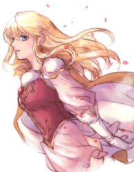 Rule 34 | 1girl, armor, blonde hair, blue eyes, breasts, cape, earrings, elbow gloves, fire emblem, fire emblem: genealogy of the holy war, floating hair, from side, gloves, jewelry, lachesis (fire emblem), leaning forward, lips, long hair, looking at viewer, medium breasts, nintendo, open mouth, parted lips, petals, shoulder armor, simple background, skirt, solo, upper body, usachu now, white background, white cape, wind