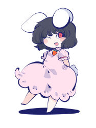 Rule 34 | 1girl, ;3, ;d, animal ears, arms behind back, barefoot, black hair, blush, carrot, chahan (fried rice0614), chibi, dress, floppy ears, full body, highres, inaba tewi, looking at viewer, one eye closed, open mouth, pink dress, rabbit ears, rabbit tail, red eyes, round teeth, shadow, simple background, slit pupils, smile, solo, tail, teeth, touhou, upper teeth only, v-shaped eyebrows, white background