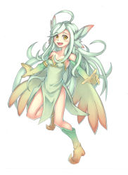Rule 34 | 1girl, :d, ahoge, bare shoulders, boots, dress, elbow gloves, full body, gloves, green dress, green hair, long hair, looking at viewer, mon-musu quest!, open mouth, purutoppu (toranohige), side slit, simple background, smile, solo, sylph (mon-musu quest!), white background, wings, yellow eyes