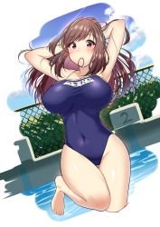Rule 34 | 1girl, absurdres, armpits, arms behind head, barefoot, blue one-piece swimsuit, breasts, breasts apart, brown eyes, brown hair, chain-link fence, character name, commentary request, competition school swimsuit, contrail, cowboy shot, day, dutch angle, fence, full body, haibarasaika, highres, idolmaster, idolmaster shiny colors, large breasts, looking at viewer, mouth hold, name tag, new school swimsuit, one-piece swimsuit, outdoors, rubber band, school swimsuit, skin tight, solo, standing, standing on one leg, starting block, swimsuit, tsukioka kogane