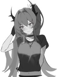 Rule 34 | 1girl, arknights, arm behind back, averting eyes, blush, breasts, choker, closed mouth, collarbone, cropped shirt, embarrassed, greyscale, hair between eyes, hair intakes, hand in own hair, horns, large breasts, long hair, looking to the side, midriff, monochrome, multico, navel, short sleeves, sidelocks, solo, stomach, surtr (arknights), surtr (liberte echec) (arknights), sweatdrop, upper body, v-shaped eyebrows