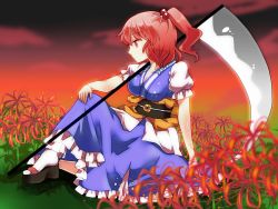 Rule 34 | 1girl, bad id, bad pixiv id, chako (chakoxxx), coin, dress, flower, full body, hair bobbles, hair ornament, highres, obi, onozuka komachi, profile, puffy sleeves, red eyes, red hair, sandals, sash, scythe, short sleeves, sitting, socks, solo, spider lily, touhou, twintails, two side up, white socks