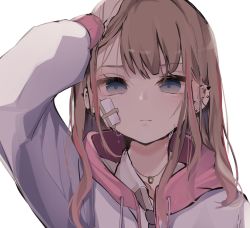 Rule 34 | 1girl, arm up, bad id, bad pixiv id, blue eyes, brown hair, brown necktie, closed mouth, collared shirt, drawstring, ear piercing, earrings, hand on own head, highres, jacket, jewelry, long hair, long sleeves, looking at viewer, multicolored hair, necktie, open clothes, open jacket, original, piercing, pink hair, shirt, simple background, solo, streaked hair, stud earrings, tsuruse, upper body, white background, white jacket, white shirt