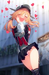 Rule 34 | 10s, 1girl, :d, ^ ^, anchor hair ornament, black skirt, black socks, blew andwhite, blonde hair, blurry, blush, closed eyes, commentary request, cross, depth of field, gloves, hair ornament, happy, hat, heart, highres, iron cross, kantai collection, kneehighs, lovestruck, low twintails, microskirt, military, military hat, military uniform, movie poster, open mouth, panties, pantyshot, peaked cap, pleated skirt, prinz eugen (kancolle), skirt, smile, socks, solo, thighs, twintails, underwear, uniform, white gloves, white panties
