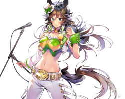 Rule 34 | 1girl, ahoge, animal ears, blush, breasts, brown hair, choker, collarbone, commentary, cowboy shot, crop top, cropped jacket, floating hair, green eyes, green shirt, groin, hair between eyes, hair ornament, hairclip, hand up, hat, highres, holding, holding microphone stand, horse ears, horse girl, horse tail, jacket, long hair, long sleeves, looking at viewer, matsuda (matsukichi), medium breasts, microphone, microphone stand, midriff, mini hat, mini top hat, mr. c.b. (umamusume), navel, open clothes, open jacket, pants, parted lips, shirt, sidelocks, simple background, single bare shoulder, single sleeve, smile, solo, standing, strapless, strapless shirt, tail, top hat, umamusume, white background, white pants, wrist cuffs, yellow choker
