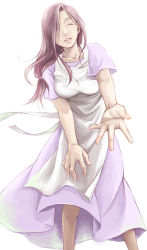 Rule 34 | 1girl, ^ ^, apron, brown hair, closed eyes, dress, closed eyes, fullmetal alchemist, highres, long hair, low-tied long hair, nagi-23, nagi yusura, open mouth, outstretched hand, parted lips, purple dress, smile, solo, trisha elric