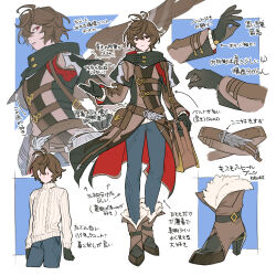 Rule 34 | ahoge, bag, belt, belt pouch, black gloves, boots, brown feathers, brown footwear, brown jacket, coattails, commentary request, denim, facing viewer, feathered wings, feathers, full body, fur-trimmed boots, fur trim, gloves, granblue fantasy, hair between eyes, high collar, high heel boots, high heels, highres, jacket, jeans, layered sleeves, looking at viewer, multiple views, official alternate costume, outline, pants, pouch, red eyes, ribbed sweater, sandalphon (granblue fantasy), sandalphon (valentine) (granblue fantasy), short hair, shoulder bag, sweater, tekki (tki), translation request, turtleneck, turtleneck sweater, white outline, white sweater, wings