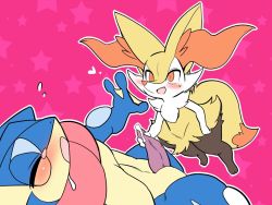Rule 34 | 1boy, blush, braixen, creatures (company), cum, dutch angle, fang, fox, frog, from above, fukenzenfuni, furry, game freak, gen 6 pokemon, greninja, handjob, looking up, nintendo, nude, open mouth, oral, penis, pokemon, pokemon (creature), red eyes, size difference, star (symbol), starry background, tail, uncensored