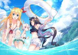 Rule 34 | 3girls, absurdres, animal ear fluff, animal ears, bikini, black hair, blonde hair, blue eyes, braid, breasts, cat ears, cat tail, closed mouth, collarbone, commentary request, eyewear on head, flower, green eyes, hair between eyes, hair flower, hair ornament, highres, holding, holding swim ring, huge filesize, innertube, jacket, karyl (princess connect!), karyl (summer) (princess connect!), kokkoro (princess connect!), kokkoro (summer) (princess connect!), large breasts, long hair, looking at viewer, multiple girls, off shoulder, one-piece swimsuit, open mouth, pecorine (princess connect!), pecorine (summer) (princess connect!), pointy ears, princess connect!, purple eyes, reaching, reaching towards viewer, sho bu 1116, short hair, shorts, silver hair, sunglasses, swim ring, swimsuit, tail, very long hair, wading, water, white bikini