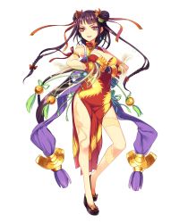 Rule 34 | 1girl, arm ribbon, artist request, bare legs, bell, braid, braided bun, brass knuckles, breasts, china dress, chinese clothes, cleavage, double bun, dragon print, dragon tattoo, dress, floating hair, full body, golden fist rin, hair bun, hair ornament, hair ribbon, highres, jingle bell, long hair, own hands together, red eyes, ribbon, rin (royal flush heroes), royal flush heroes, sleeveless, solo, tattoo, transparent background, weapon, white background