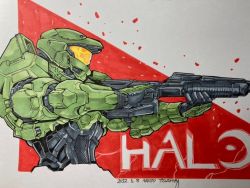 Rule 34 | 1boy, armor, artist name, assault rifle, bullpup, copyright name, dated, from side, gun, halo (series), holding, holding gun, holding weapon, ma5, male focus, master chief, power armor, rifle, solo, spartan (halo), traditional media, tsushima naoto, visor, weapon