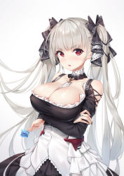 Rule 34 | 1girl, absurdres, arms under breasts, azur lane, bare shoulders, between breasts, black dress, black nails, blush, breasts, cleavage, condom, dress, earrings, formidable (azur lane), frilled dress, frills, grey background, grey hair, hair ornament, hair ribbon, highres, holding, holding condom, jewelry, k.t.cube, large breasts, long hair, long sleeves, looking at viewer, nail polish, red eyes, ribbon, simple background, solo, twintails