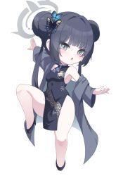 Rule 34 | 1girl, black dress, black footwear, black hair, blue archive, blush, butterfly hair ornament, china dress, chinese clothes, coat, double bun, dragon print, dress, full body, fuyu no usagi, grey coat, grey eyes, grey halo, hair bun, hair ornament, halo, highres, kisaki (blue archive), long hair, long sleeves, open clothes, open coat, open mouth, shoes, simple background, sleeveless, sleeveless dress, solo, striped coat, thighs, twintails, vertical-striped coat, white background